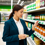 A young professional woman in a modest business casual outfit, fully clothed, appropriate attire, carefully examining an eco-friendly product label in a brightly lit, modern supermarket aisle filled with sustainable goods. She holds a product package with a clear, recognized eco-certification mark visible. The background features neatly arranged organic products and natural packaging. Perfect anatomy, correct proportions, natural pose, well-formed hands, proper finger count, natural body proportions, professional photography, high quality, sharp focus, vibrant colors, safe for work, appropriate content, fully clothed, professional.